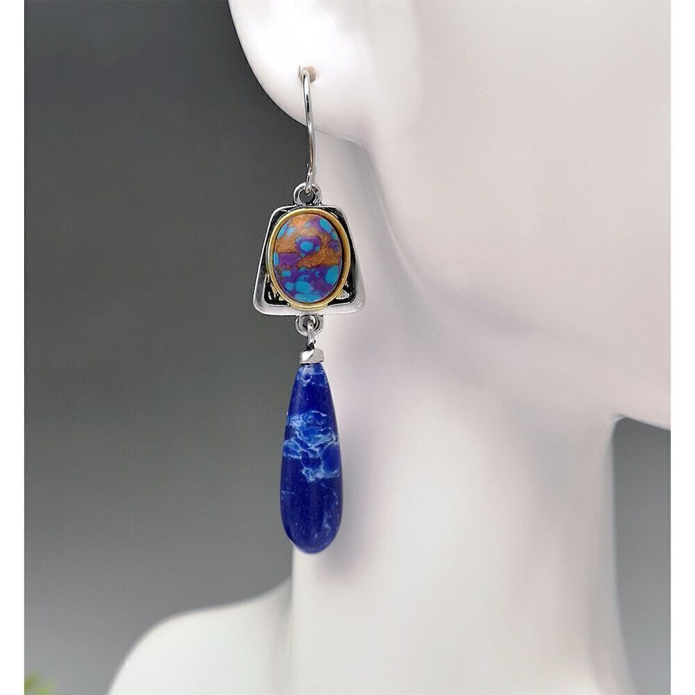 Beautiful Faux Lapis Lazuli Blue Stone Teardrop Dangle Earrings Silver Tone Hook - Picture 3 of 10